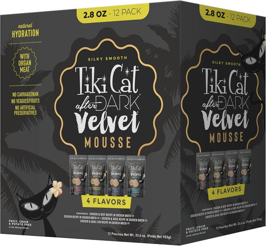 Tiki Cat After Dark, Velvet Mousse, Variety Pack, Grain & Potato Free Formula, with High Protein & Nutrient Dense Blended Irresistible Organ Meat, 2.8 oz. Pouch (Pack of 12)