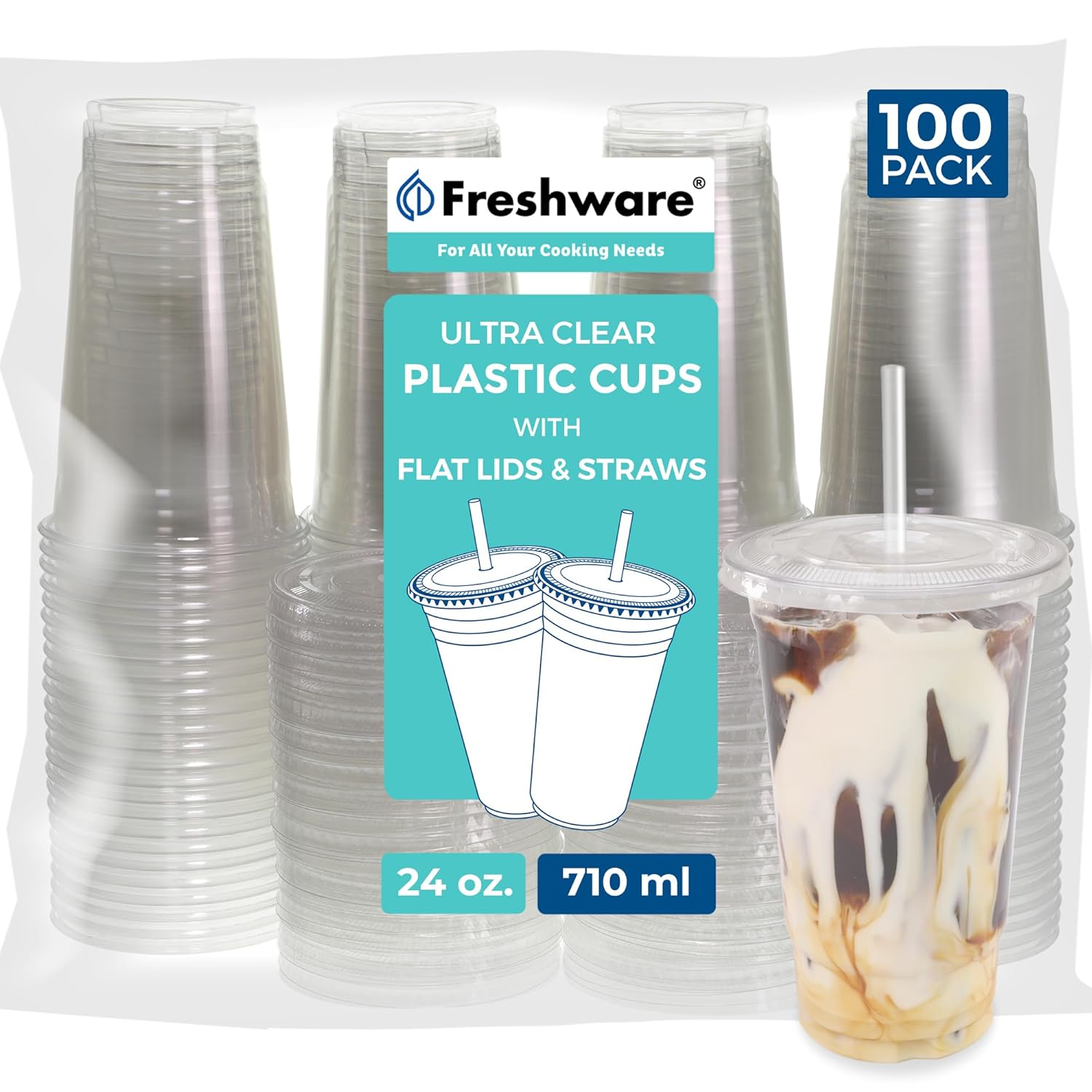 Freshware 24 oz Clear Disposable Plastic Cups with Flat Lids and Straws, 100 Pack Clear Plastic Cups Tumblers, Heavy-duty Party Glasses, Disposable Cups for Thanksgiving, Halloween, Christmas Party