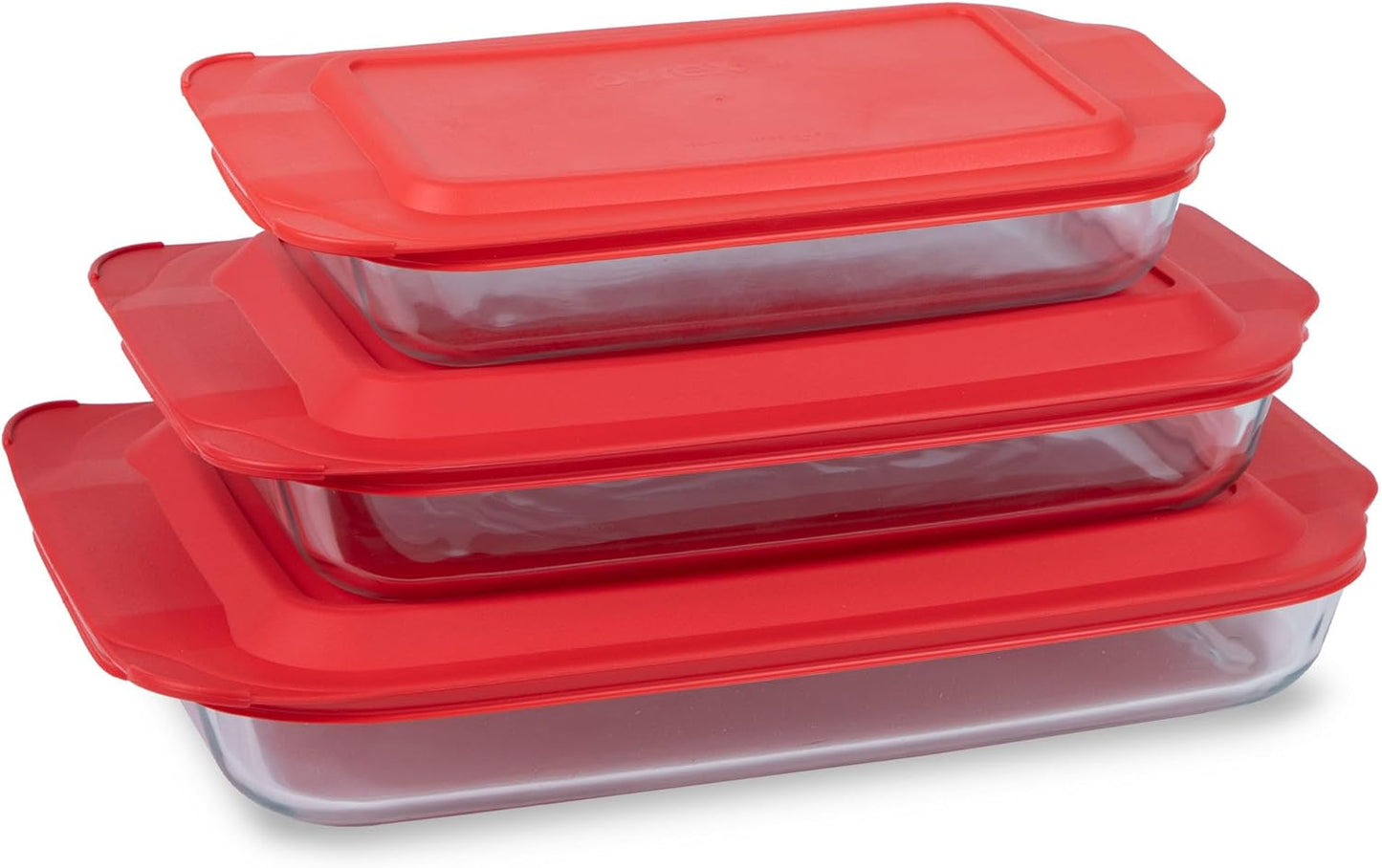 Pyrex Basics 3-Pack Glass Baking Dish Set (2QT, 3QT, 4.8QT) With BPA-Free Lids, Rectangular Glass Bakeware, Dishwasher, Microwave, Freezer & Pre-Heated Oven Safe