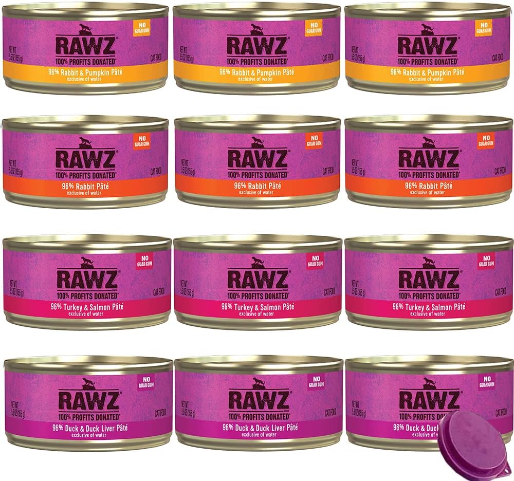 RAWZ Natural Premium Canned Cat Wet Food Pate-12 Pack Variety - 4 Flavors - (Turkey & Salmon, Duck & Duck Liver, Rabbit, Rabbit & Pumpkin) (5.5oz Cans), Lid