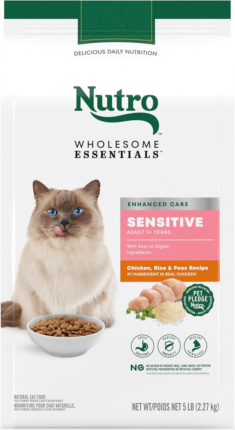 NUTRO WHOLESOME ESSENTIALS Natural Dry Cat Food, Sensitive Cat Chicken, Rice & Peas Recipe Cat Kibble, 5 lb. Bag