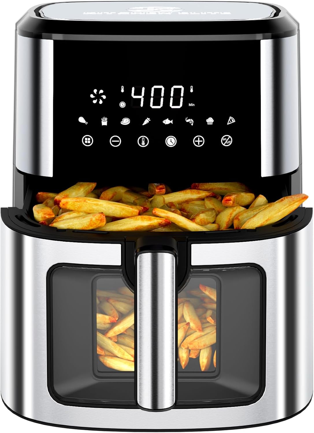 Air Fryer Stainless Steel with View Window, XL 8.5QT Large Airfryer, 8-in-1 Digital Control, 400°F Temp Controls, Nonstick Dishwasher-Safe, Space-Saving, Roast, Broil, 1500W