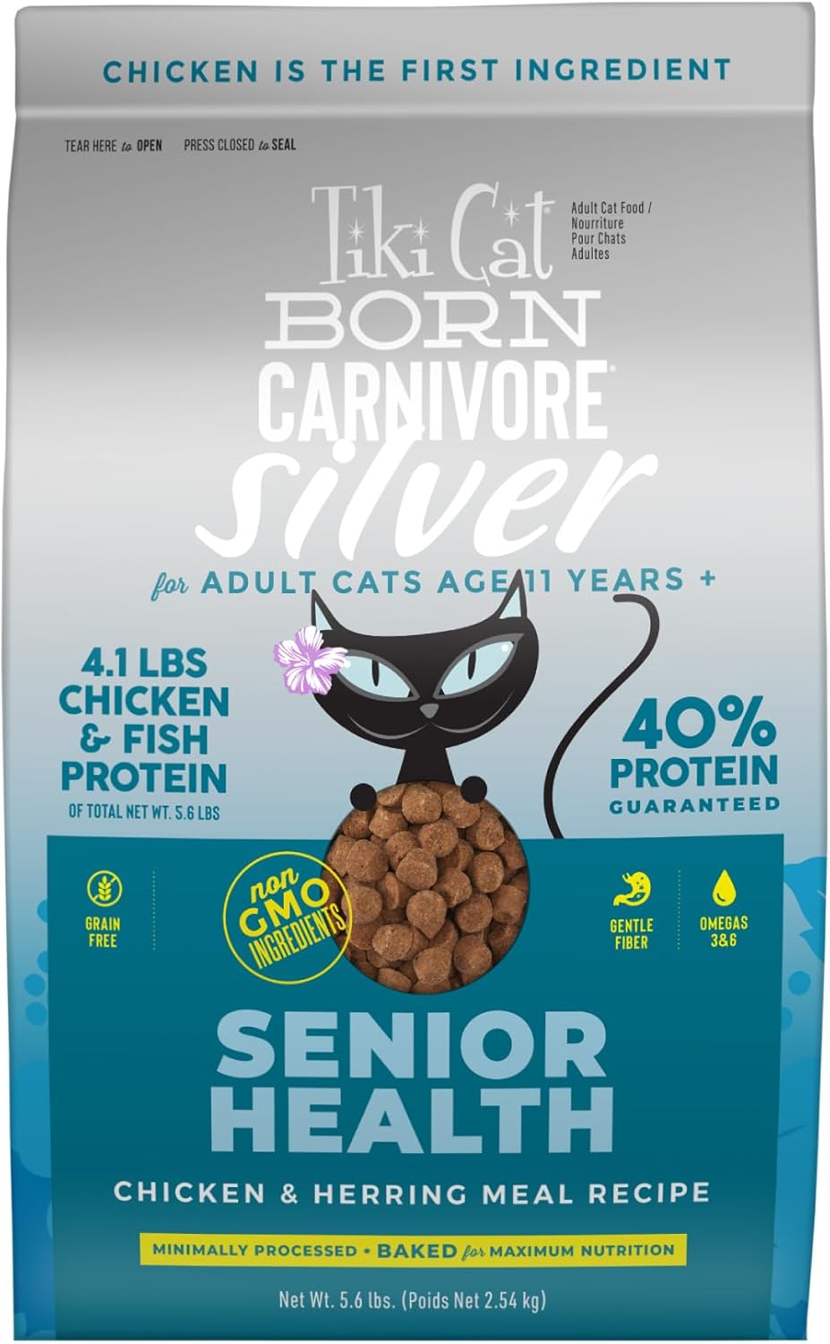 Tiki Cat Born Carnivore Silver Senior Health Dry Cat Food for Senior Cats, Chicken & Herring Meal, 5.6 lbs. Bag