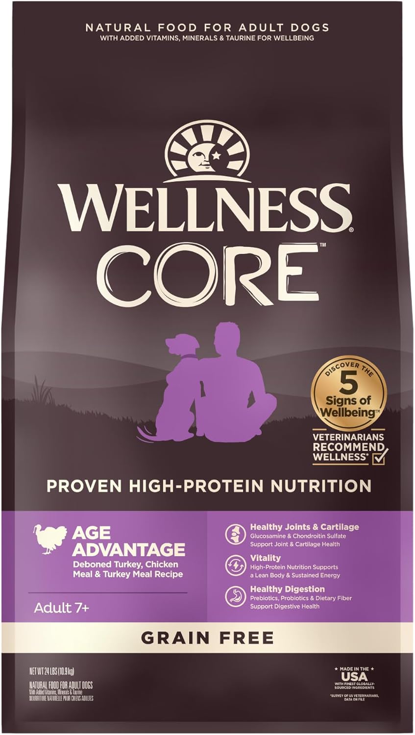 Wellness CORE Grain-Free Senior Dry Dog Food, Made in USA with Real Turkey and Natural Ingredients, With Nutrients for Immune, Joint, Skin & Coat Support, 24-Pound Bag