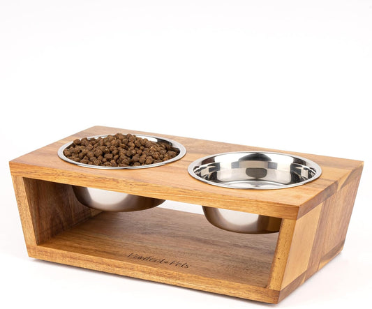 4" Tall Elevated Dog Bowls for Small Dogs, Elevated Cat Bowls. Dog Bowl Stand, Cat Food Bowl, Raised Cat Bowl, Cat Bowls Elevated, Dog and Cat Food and Water Bowl Set by Pawfect Pets (Acacia)