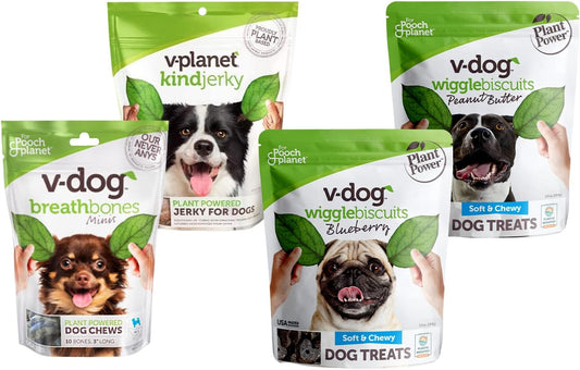 V-dog Treat Bundle for Small Dogs | 100% Vegan Jerky Treats | Soft and Chewy Dog Biscuits (Natural Blueberry Natural Peanut Butter) | Vegan Breathbone Teeth Cleaning Dental Bones