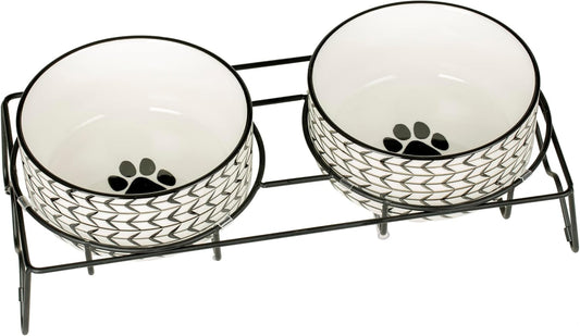 Signature Housewares Ceramic Pet Bowl Set - Food Water Bowls for Dogs and Puppies, Large Cats with Sturdy Metal Stand - Set of 2 6in. Bowls, 32 oz Each