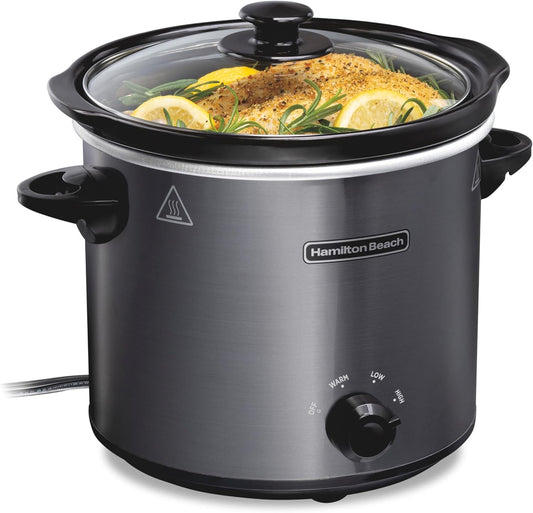 Hamilton Beach 4-Quart Slow Cooker with 3 Cooking Settings, Dishwasher-Safe Stoneware Crock & Glass Lid, Brushed Gray(33240)