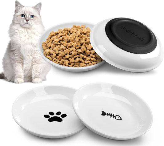 Cat Food Bowl, 4 Pcs Ceramic Cat Bowls,Shallow Wide Cat Dishes for Cat Dry & Wet Food and Water Plates,Non-Slip Silicone Bottom,Anti Whisker Fatigue Cat Bowls for Indoor Cats and Small Animals