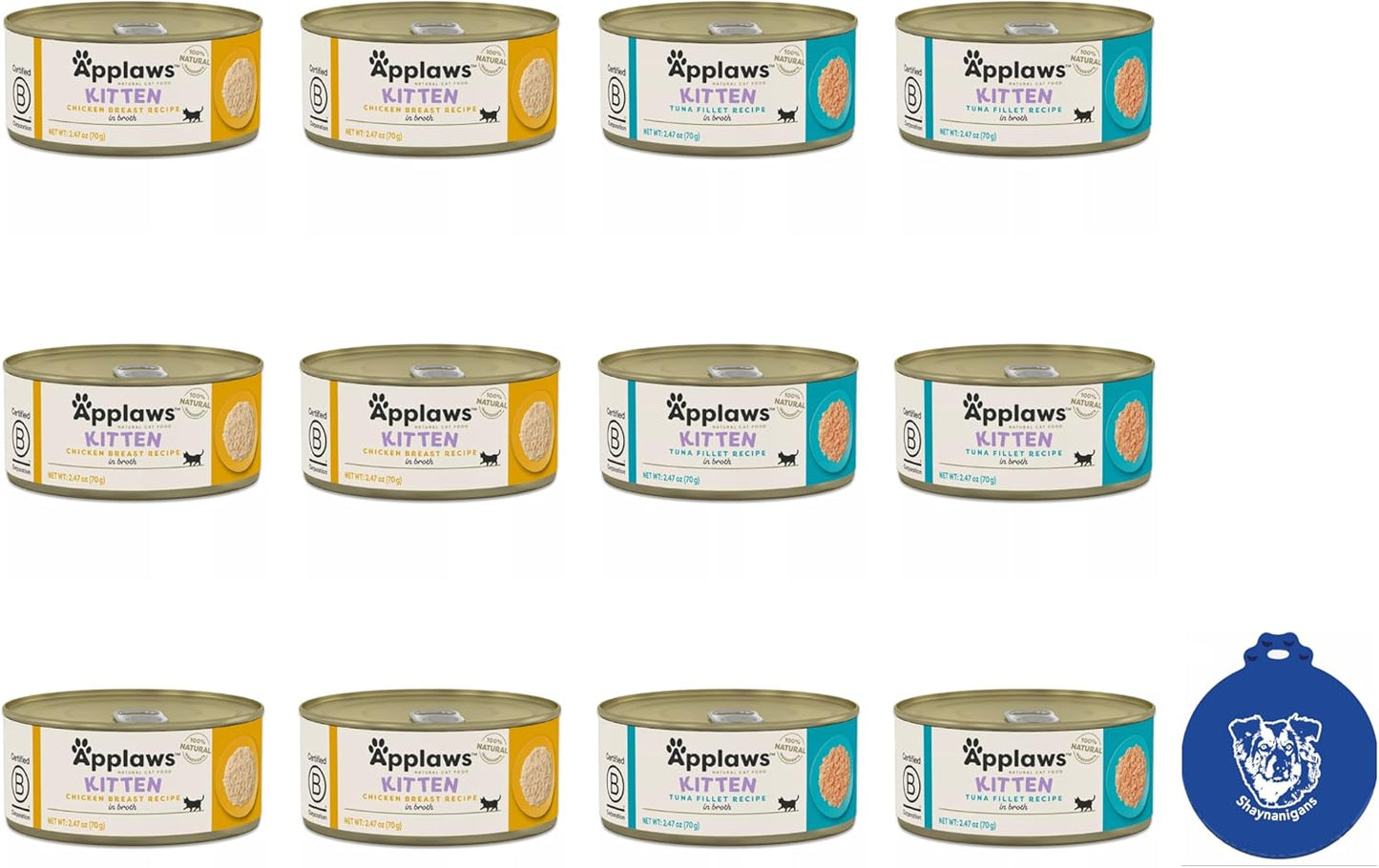 Applaws Canned Wet Kitten Food 2-Flavor Variety Bundle: (6) Tuna Fillet in Broth and (6) Chicken Breast in Broth (12 Cans Total, 2.47 Ounces Each) Plus Silicone Lid