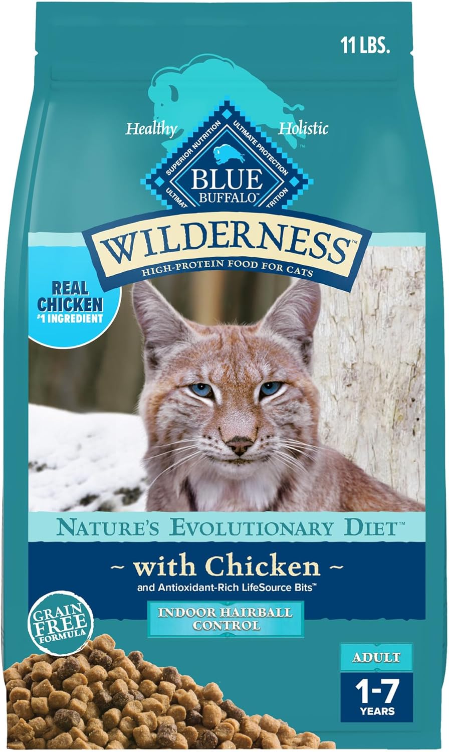 Blue Buffalo Wilderness High-Protein, Grain-Free Natural Dry Food for Adult Cats, Indoor Hairball Control, Chicken, 11-lb. Bag