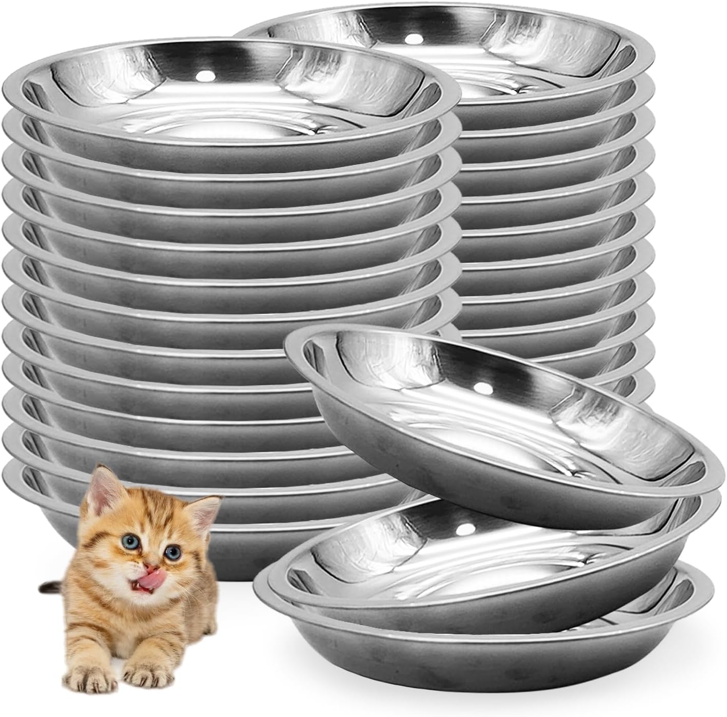 Hamiledyi 24 Pcs Stainless Steel Cat Bowls Shallow Metal Pet Dishes Cat Food Feeding Plates Replacement Whisker Fatigue Kitten Food Bowl for Dogs Cats and Other Small Animals (5.40 Inch Diameter)