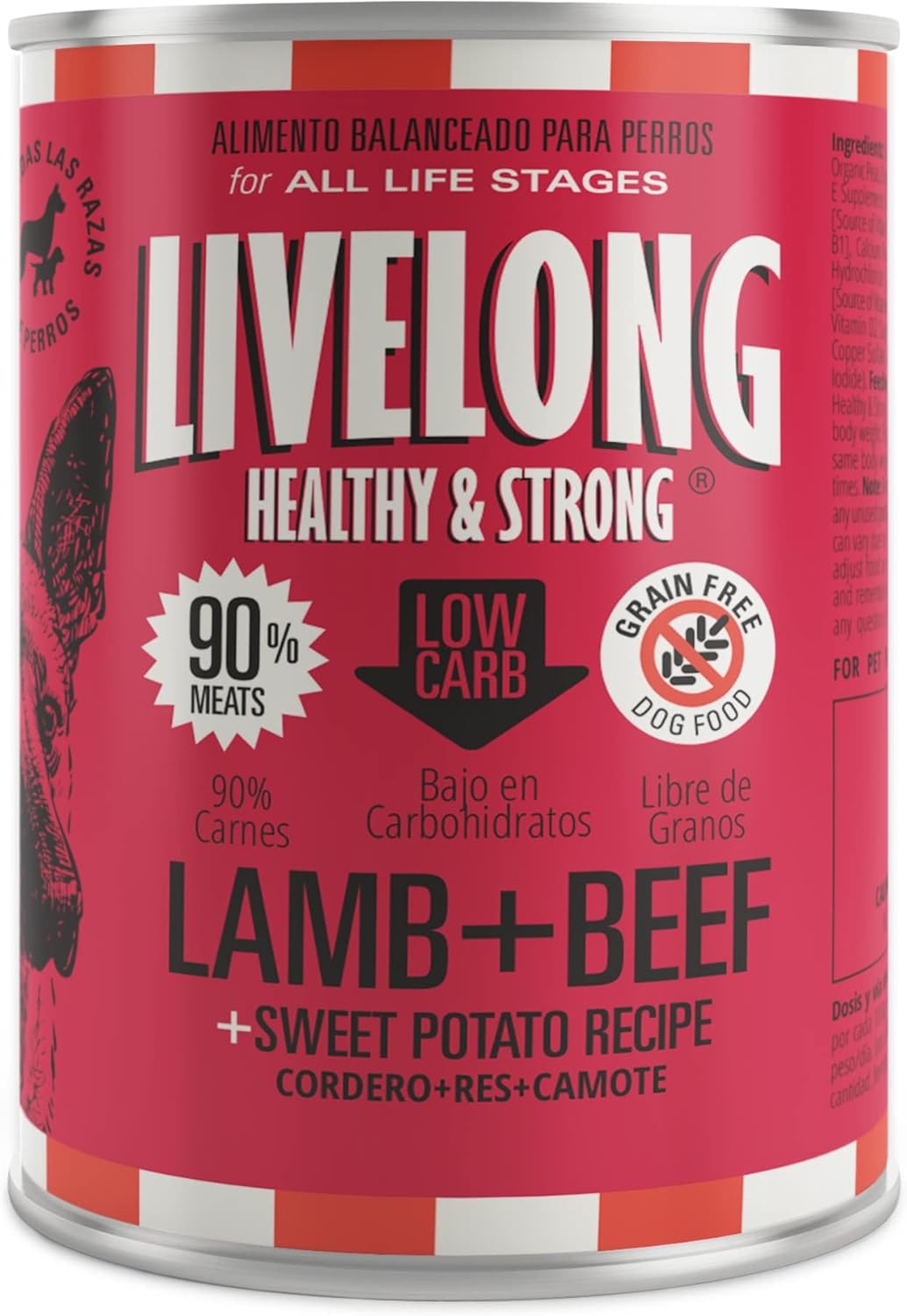 Livelong Healthy & Strong: 12 Pack: Lamb, Beef & Sweet Potato Recipe - 12.5oz Cans, Wet Dog Food, High Protein, All Natural, No Preservatives, USA Made