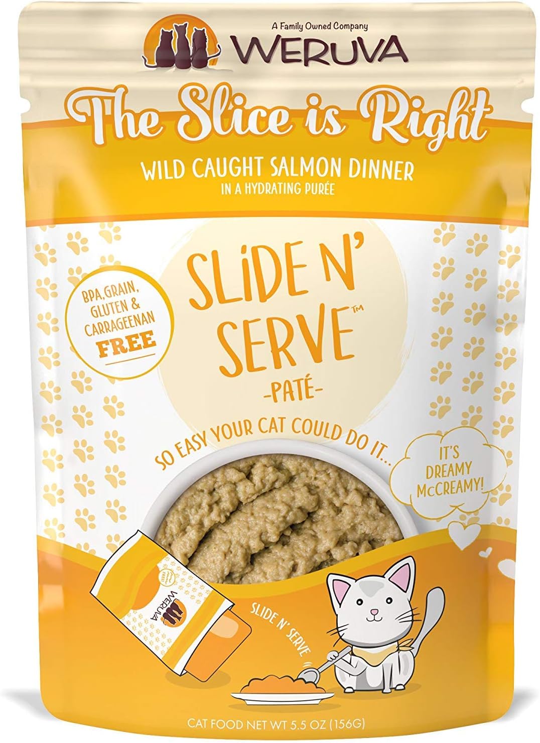 Weruva Wet Cat Food, The Slice is Right with Wild Caught Salmon Pate, 5.5oz Slide N Serve Pouch, Pack of 12