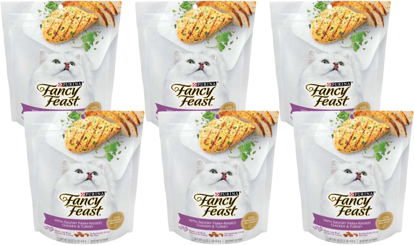 Fancy Feast Gourmet Dry Cat Food, With Savory Chicken & Turkey - (6) 16 Oz. Pouches