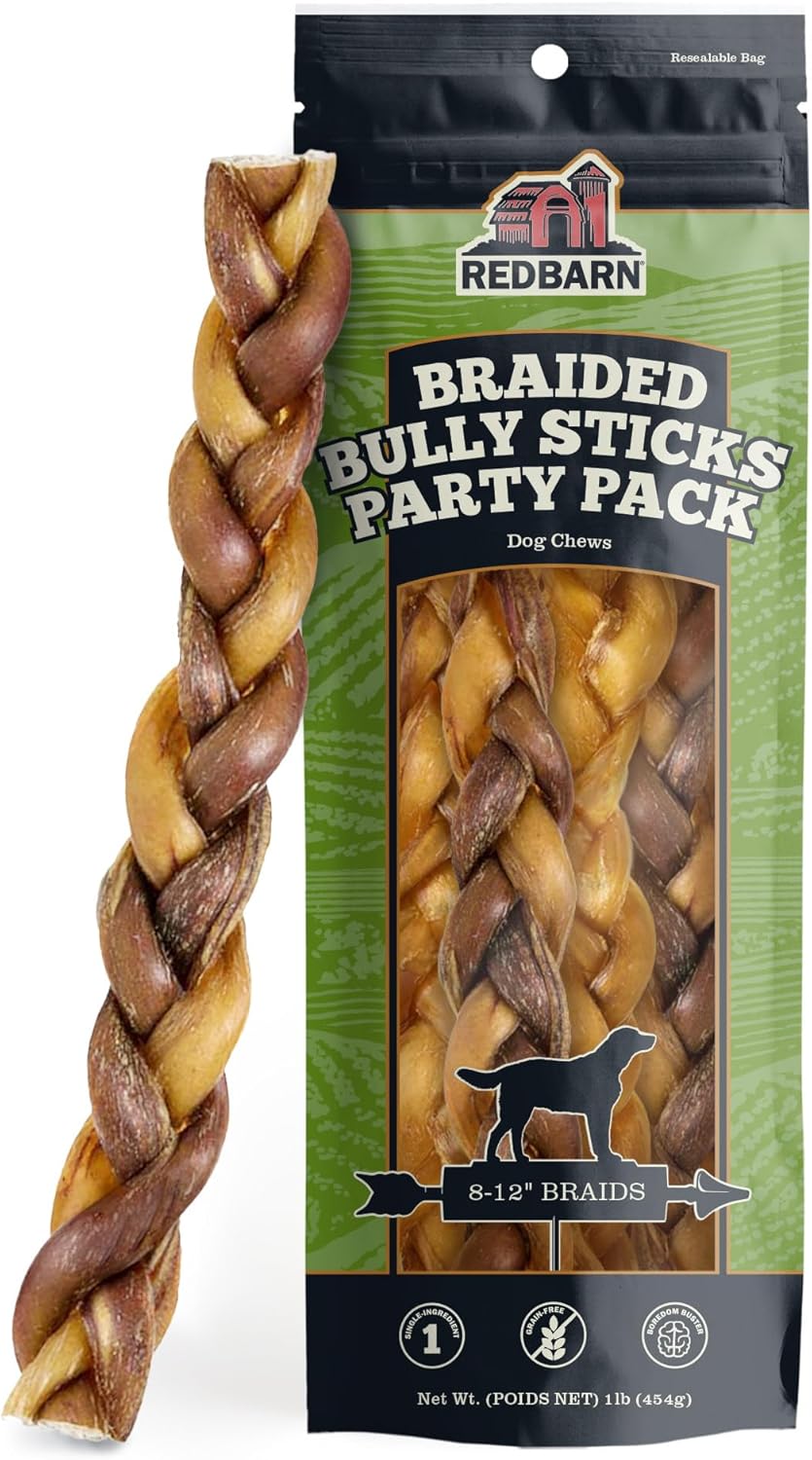 Redbarn Pet Products All Natural 8-12" Braided Bully Sticks for Medium & Large Dogs - Healthy Long Lasting Beef Chews Variety Party Pack - Single Ingredient Low Odor Rawhide Free - 1 lb Bag