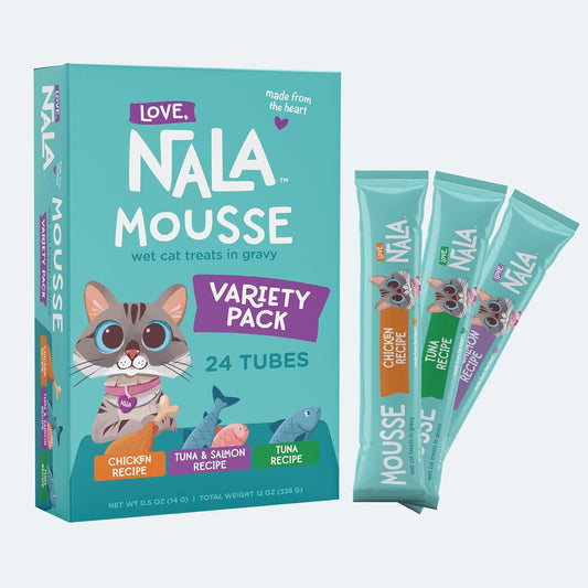 LOVE, NALA - Natural Lickable Cat Squeeze Up Treat,Topper - Variety Pack Mousse - Wet Food Cat Puree - Grain Free, Fiber Blend, Minerals, Vitamins - 24 Pack 12 oz.