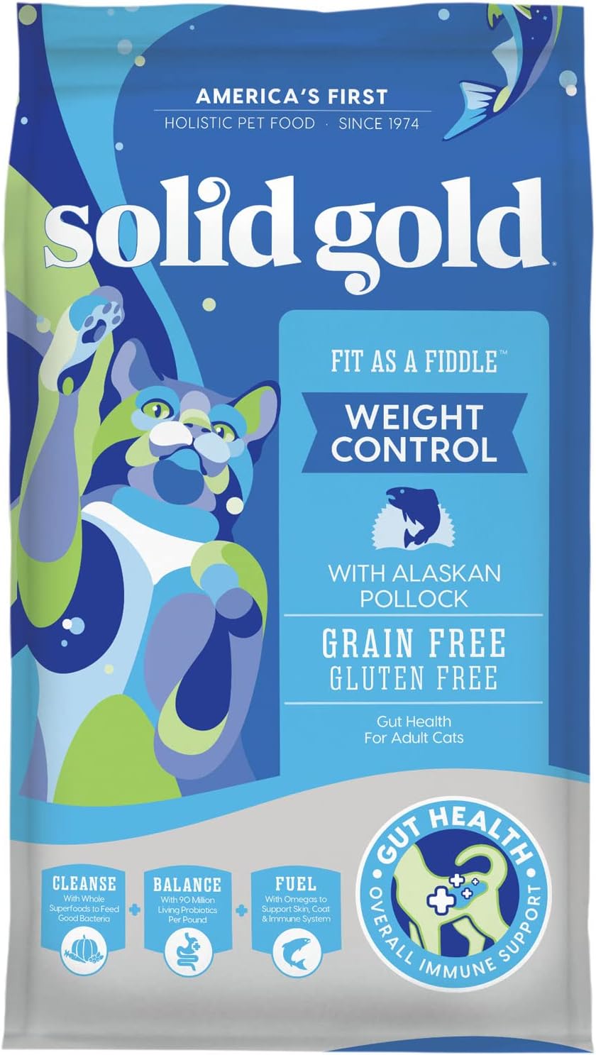 Solid Gold Fit as a Fiddle Weight Management Cat Food - Grain Free Dry Cat Food Indoor with Alaskan Pollock, Superfoods & Probiotics