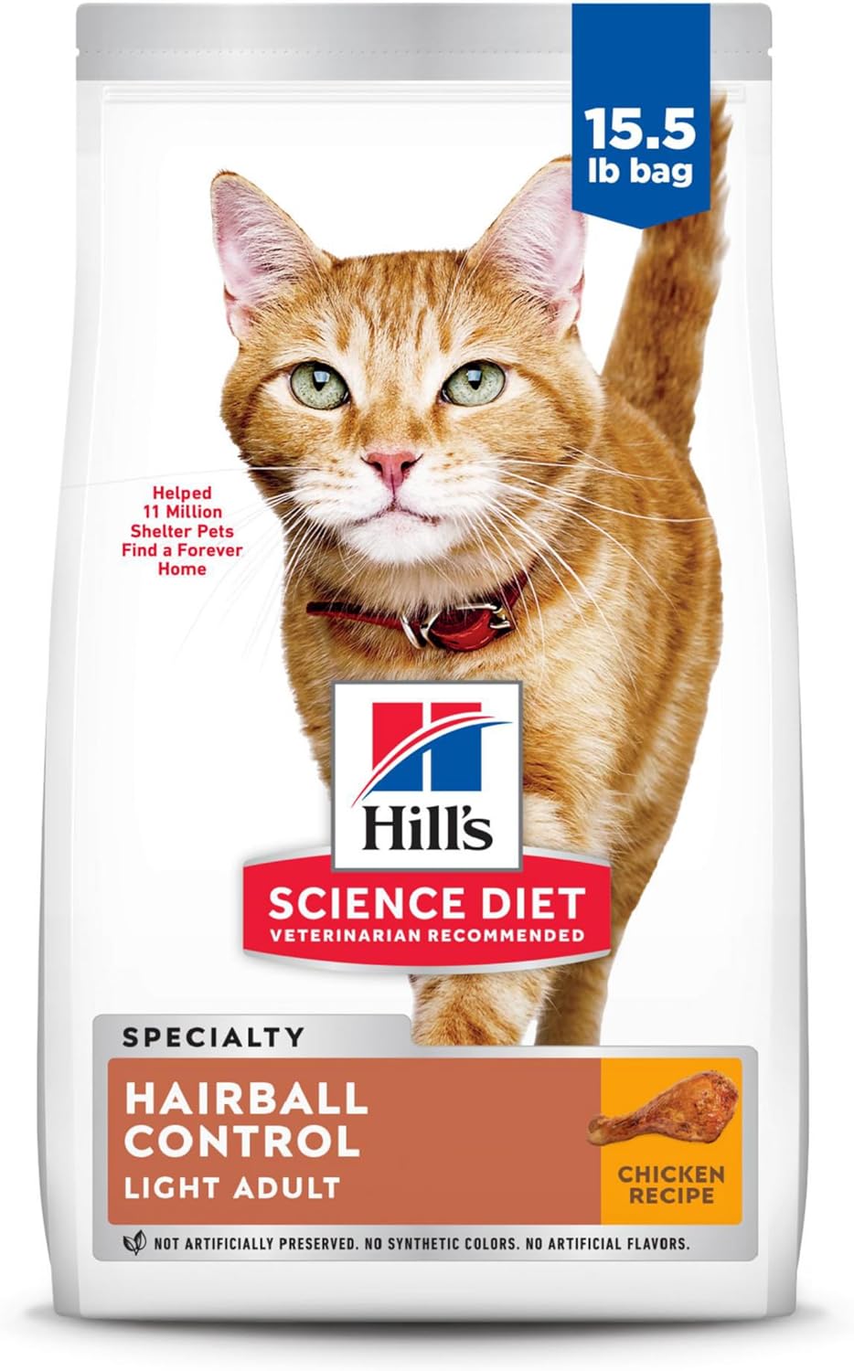 Hill's Science Diet Adult Hairball Control Light Chicken Recipe Dry Cat Food, 15.5 lbs.