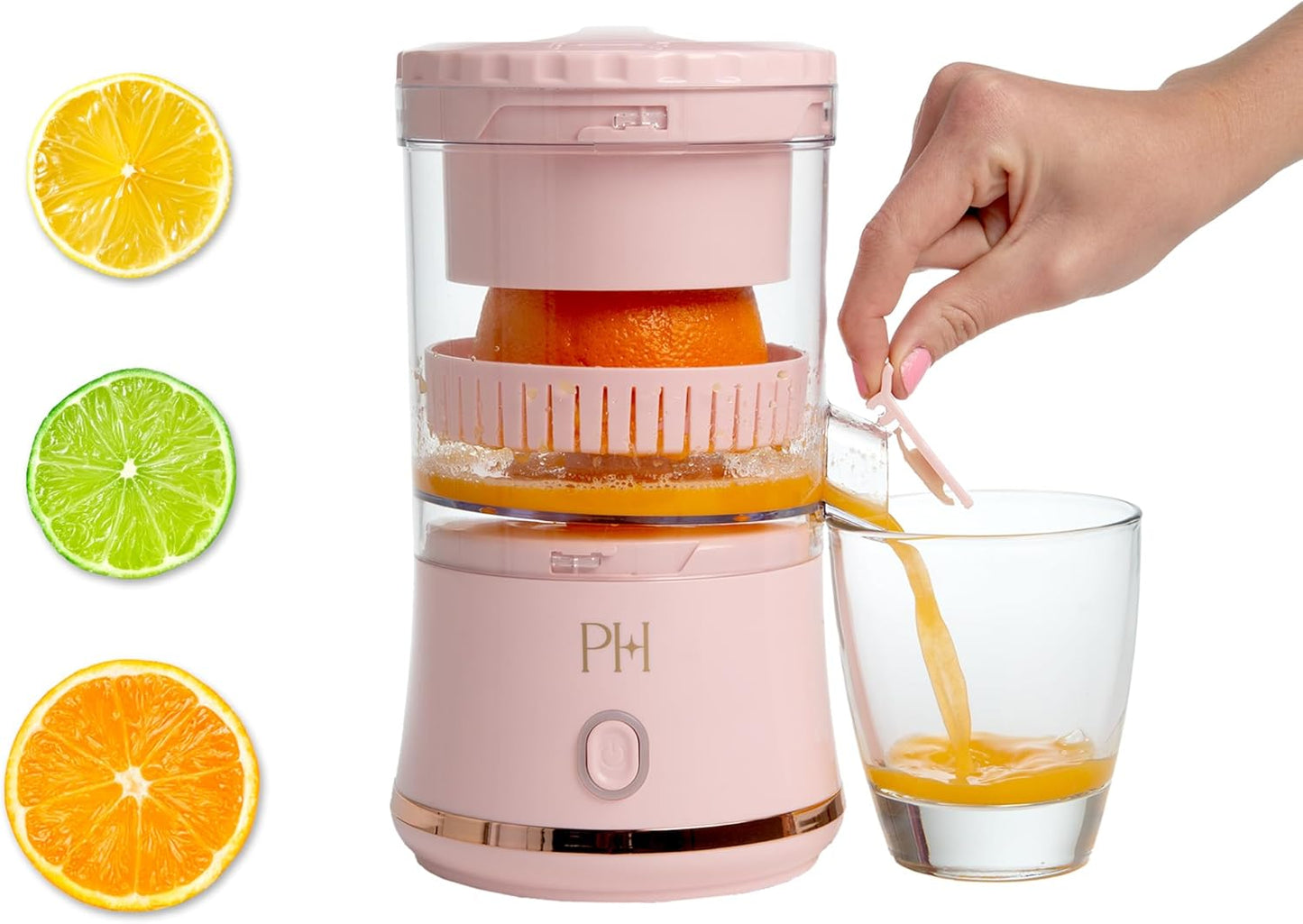 Paris Hilton Electric Citrus Juicer, Mini Portable Cordless Juicer with USB Rechargeable Base, One-Touch Button, Compact Lemon, Lime and Orange Juicer, Pink