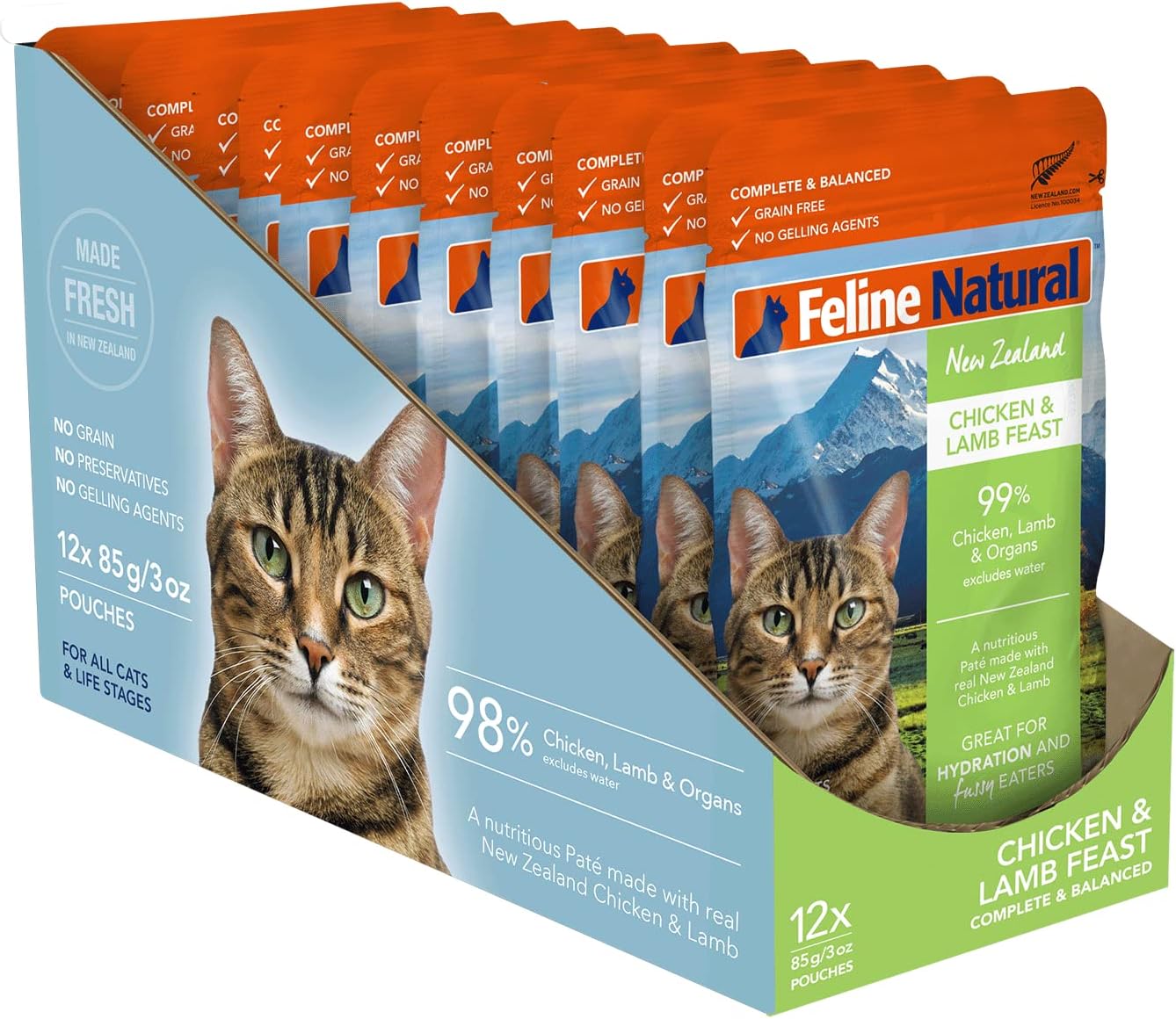 Feline Natural - 12 Grain-Free Pouches - Chicken & Lamb Feast, 3oz Perforated Box