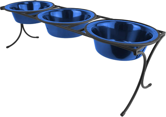 Platinum Pets 4 Cup Bistro Triple Raised Feeder with Stainless Steel Wide Rimmed Bowls, Sapphire Blue