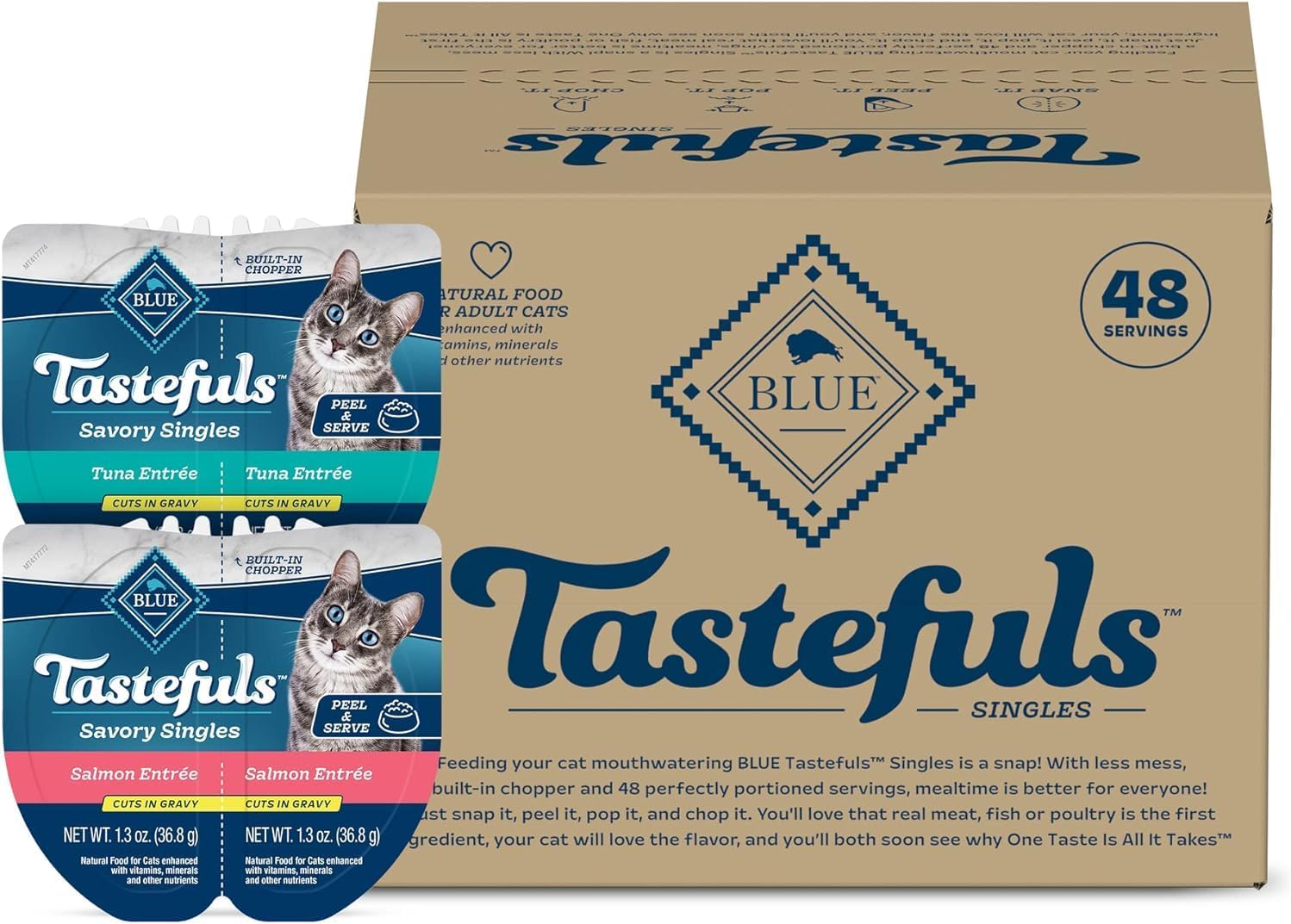 Blue Buffalo Tastefuls Savory Singles Natural Wet Cat Food Variety Pack, Salmon & Tuna Cuts in Gravy, 2.6-oz. Twin-Pack Trays (24 Count, 12 of Each)