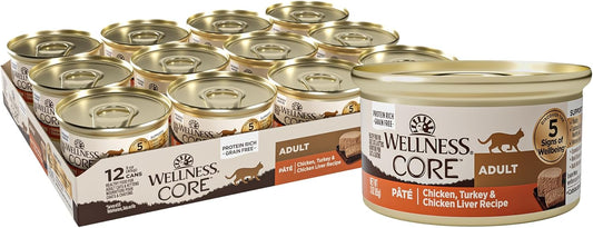 Wellness CORE Grain-Free Wet Cat Food, Natural Canned Food for Cats, Made with Real Meat (Chicken, Turkey & Chicken Liver Pate) , 3 Oz Cans (Pack of 12)