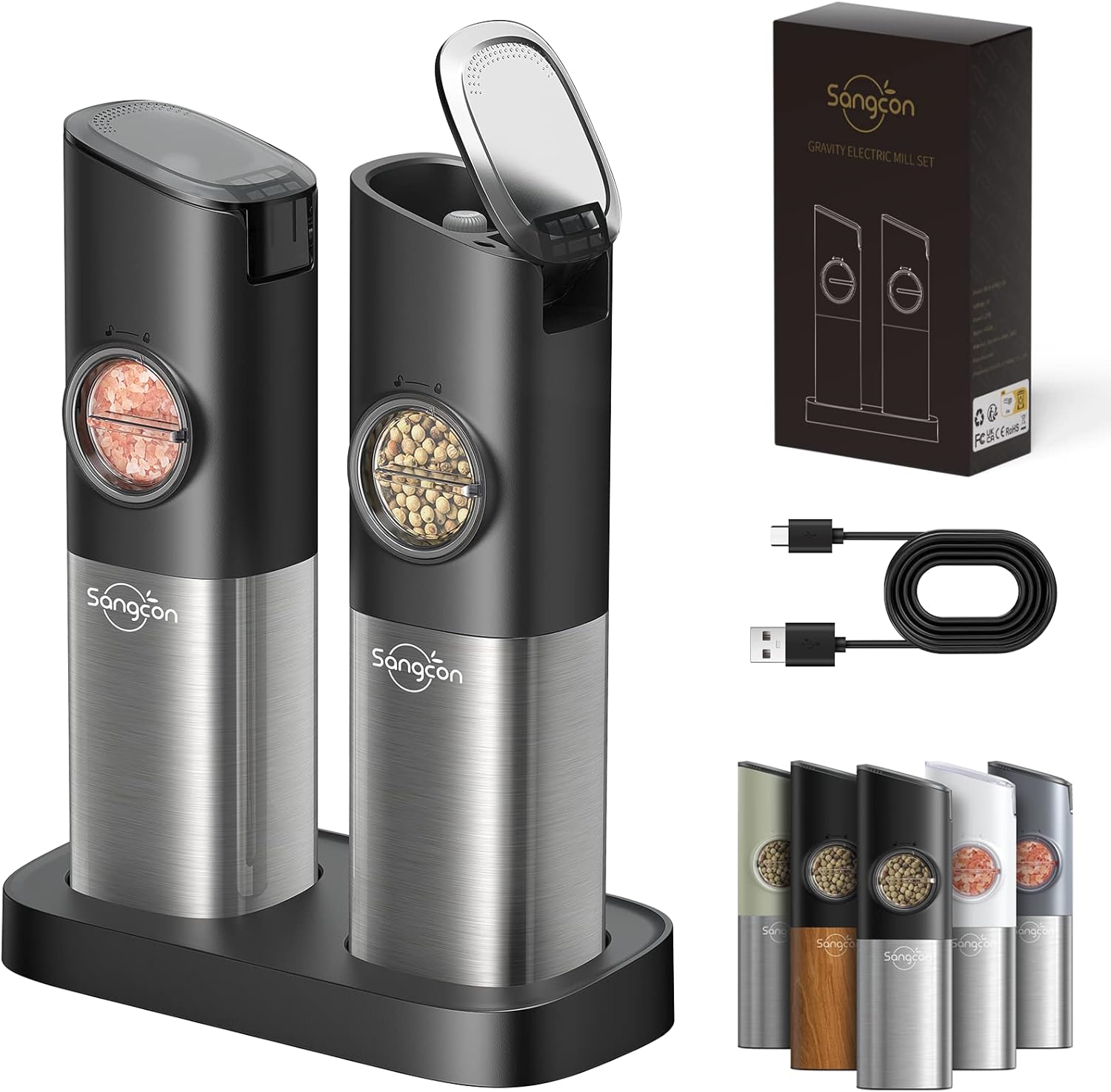 Sangcon Gravity Electric Salt and Pepper Grinder Set [Upgraded Larger Capacity] USB Rechargeable With Dual Charging Base - Automatic One Hand Operation - Adjustable Coarseness & LED Light Refillable