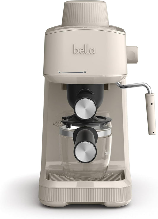 BELLA Steam Espresso Maker with Microfoam Wand, Removable Drip Tray & Dishwasher Safe Glass Carafe & Portafilters, Reusable 4 Cup Filter, Overheating & Overpressure Safety Features, 3.5 Bar, Oatmilk