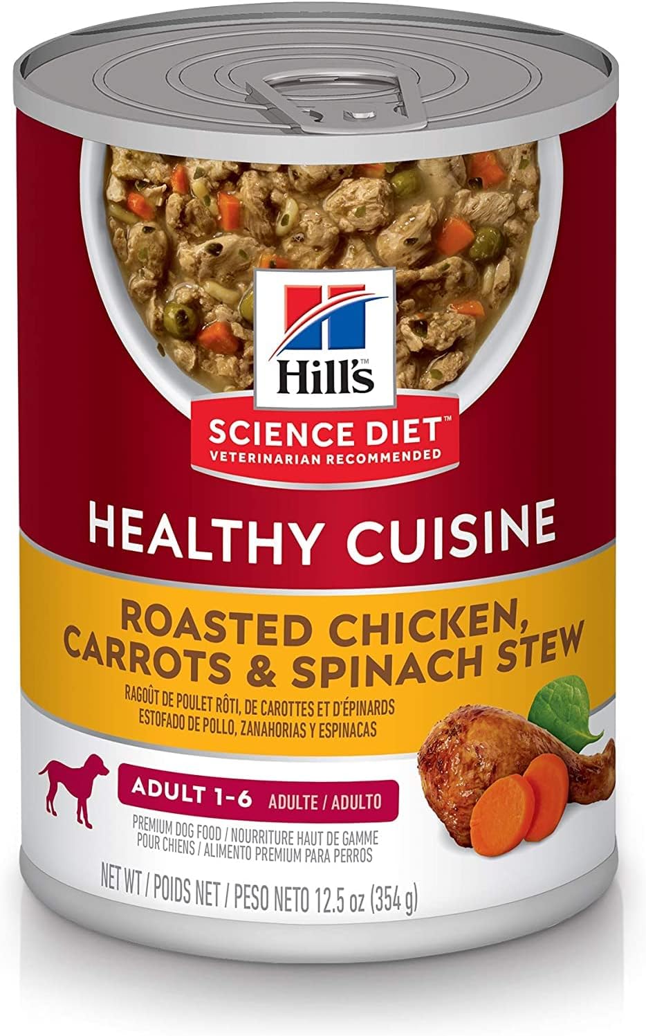 Hill's Science Diet Healthy Cuisine, Adult 1-6, Great Taste, Wet Dog Food, Roasted Chicken, Carrots & Spinach Stew, 12.5 oz Can, Case of 12