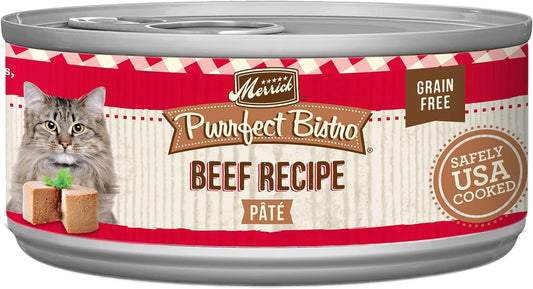 Merrick Purrfect Bistro Grain Free Premium Soft Canned Pate Adult Wet Cat Food, High Protein Beef Recipe - (Pack of 24) 5.5 OZ Can