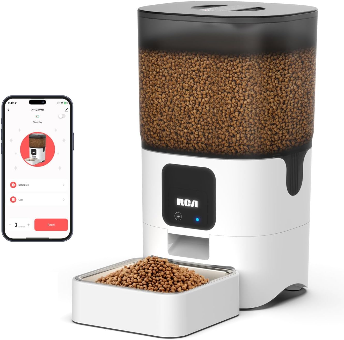 RCA Pet Rabbit, Cat & Dog Feeder, 6-Liters | Smart, WiFi, RCA App Control for Remote Feeding, Dishwasher Safe Bowls, Compatible with Alexa & Google, BPA-Free Materials