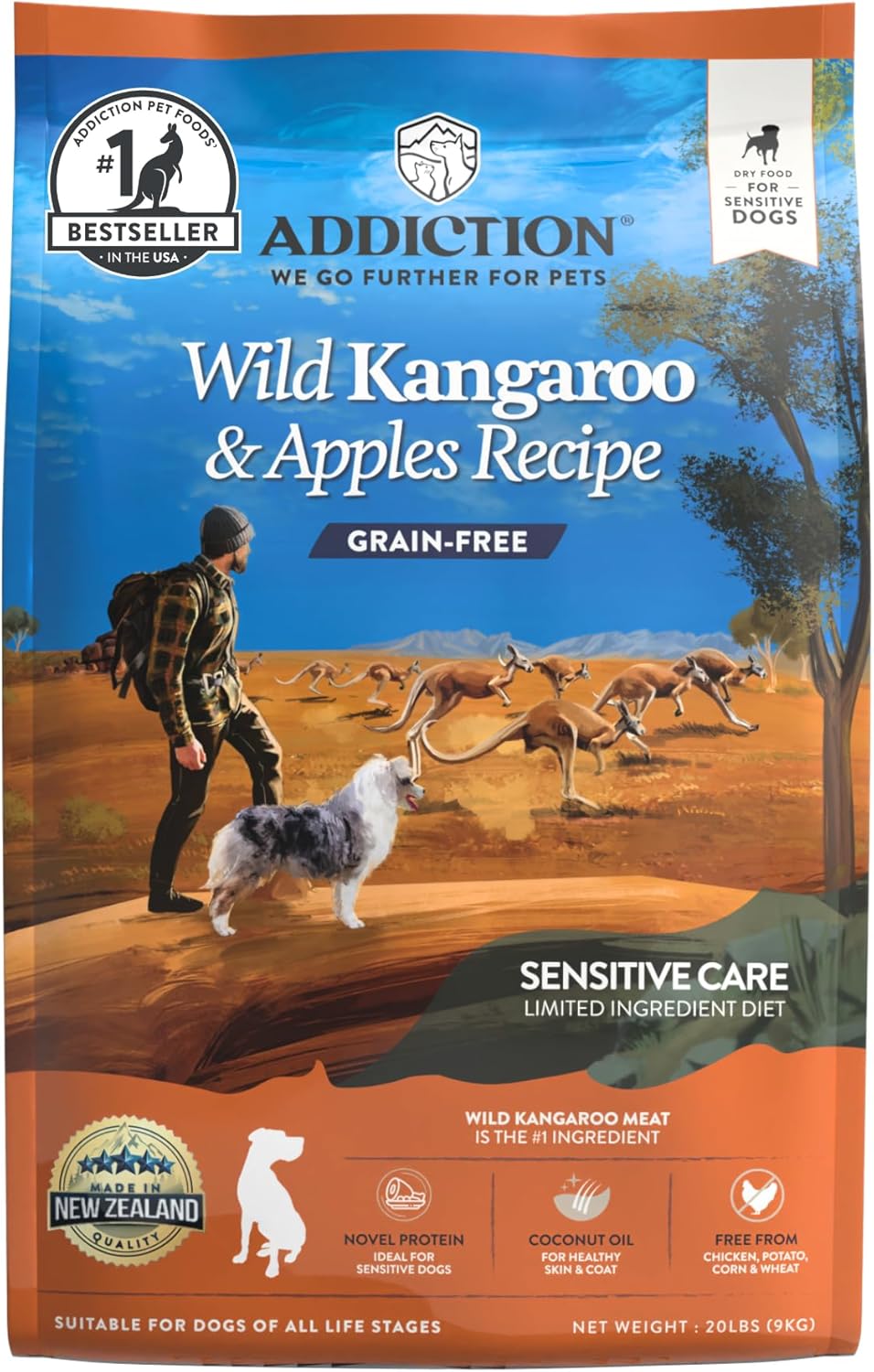 Addiction Wild Kangaroo & Apples - Dry Dog Food - Limited Ingredient Novel Protein - Muscle and Weight Management - Grain-Free - Ideal for Dogs with Food Allergies - Crafted in New Zealand 4lb