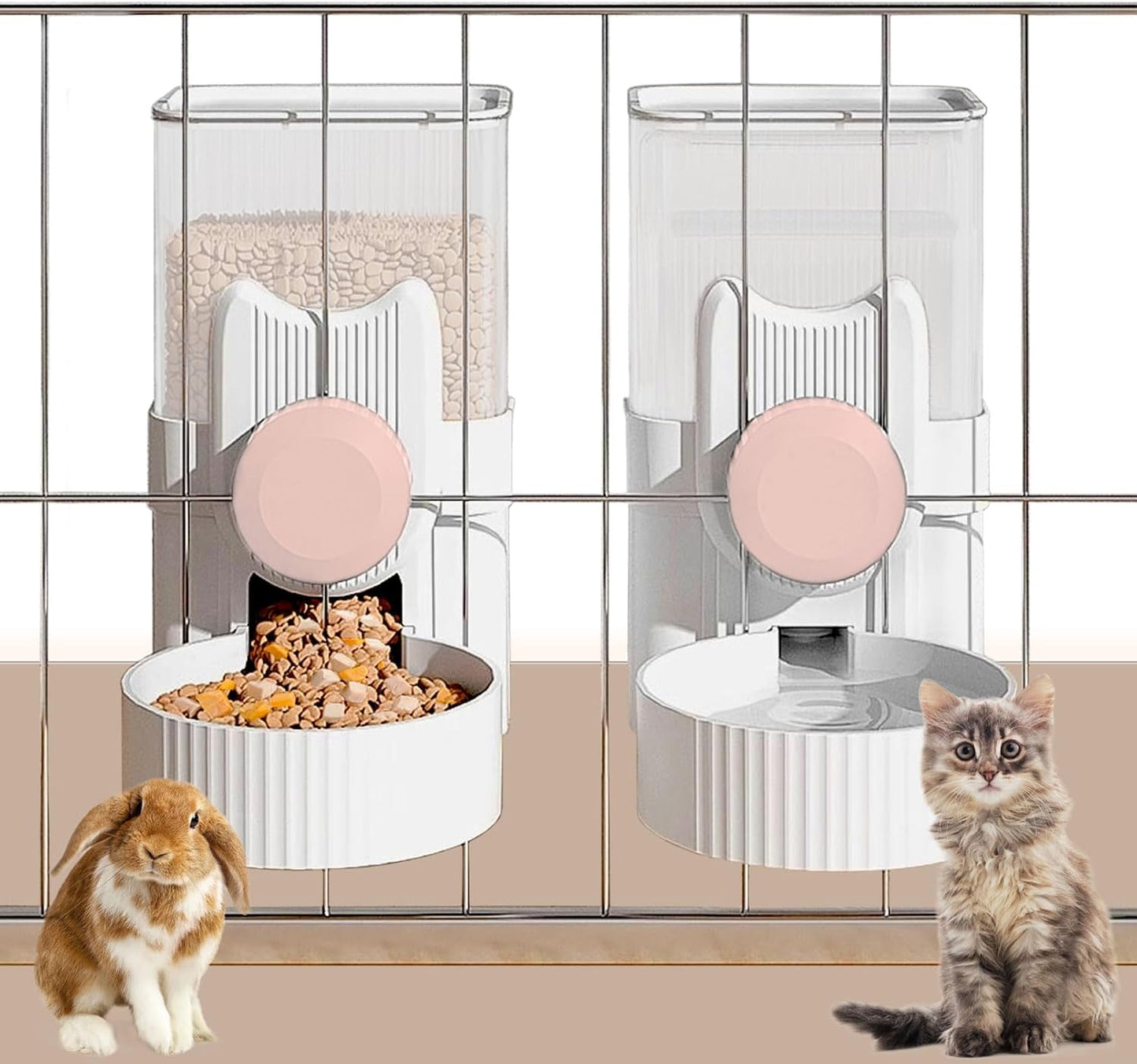 Kathson Hanging Automatic Cat Feeder and Water Dispenser Hanging Rabbit Food and Water Dispenser for Cage Hanging Rabbits Water and Food Bowl Dispenser for Bunny Ferret Guinea Pig Hedgehog (Pink)