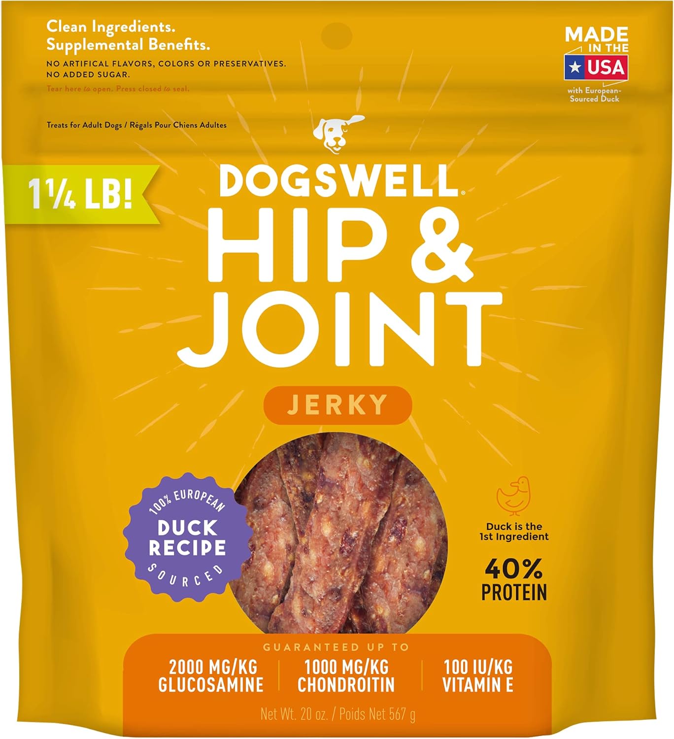 Dogswell Jerky Hip and Joint Dog Treats Grain Free Made in USA Only, Glucosamine and Chondroitin, 20 oz Duck