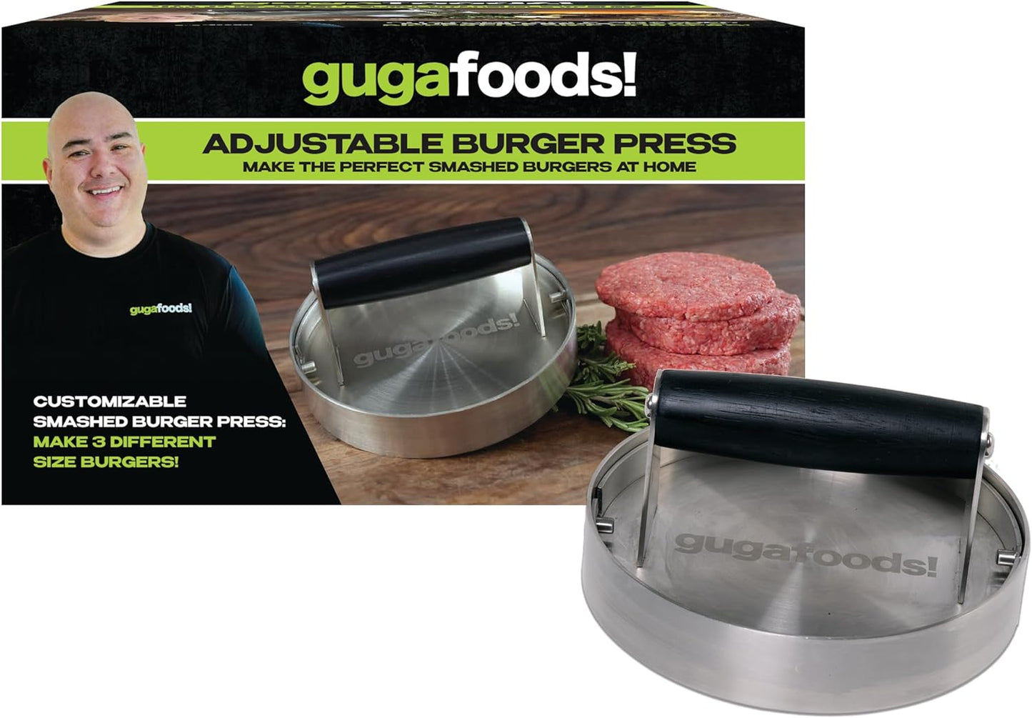 Guga Foods- Adjustable Burger Press, Stainless Steel Hamburger and Smashed Burger Press, Patty Maker for Grilling and Griddle, 3 Size Patties, Wooden Handle