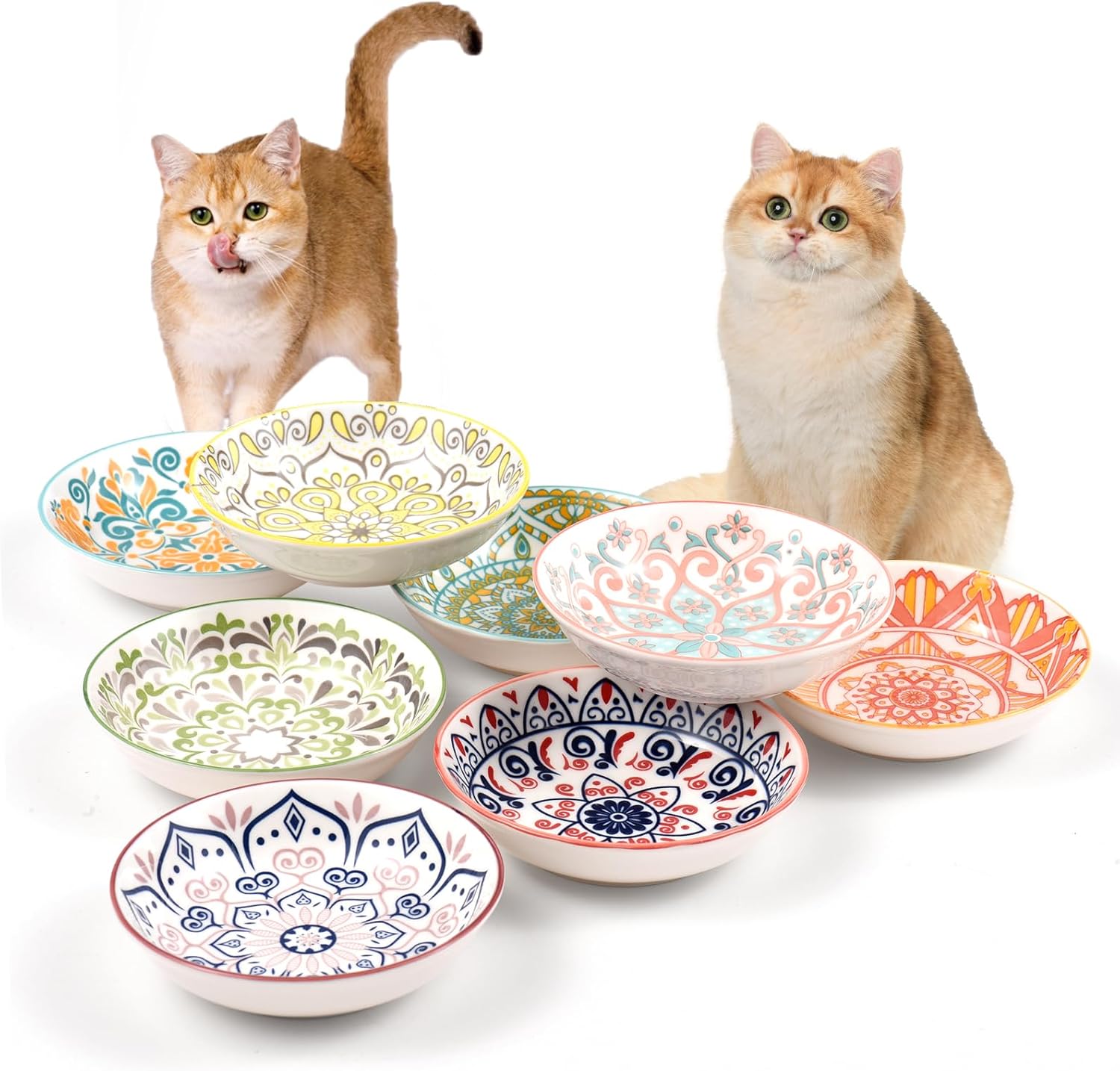 Cat Food Bowls for Indoor Cats Ceramic Cat Bowls Whisker Friendly Cat Dishes for Food and Water 5.5 Inches Kitten Bowls Cute Cat Feeding Bowls Set Cat Wet Food Bowl Set (8 pcs)