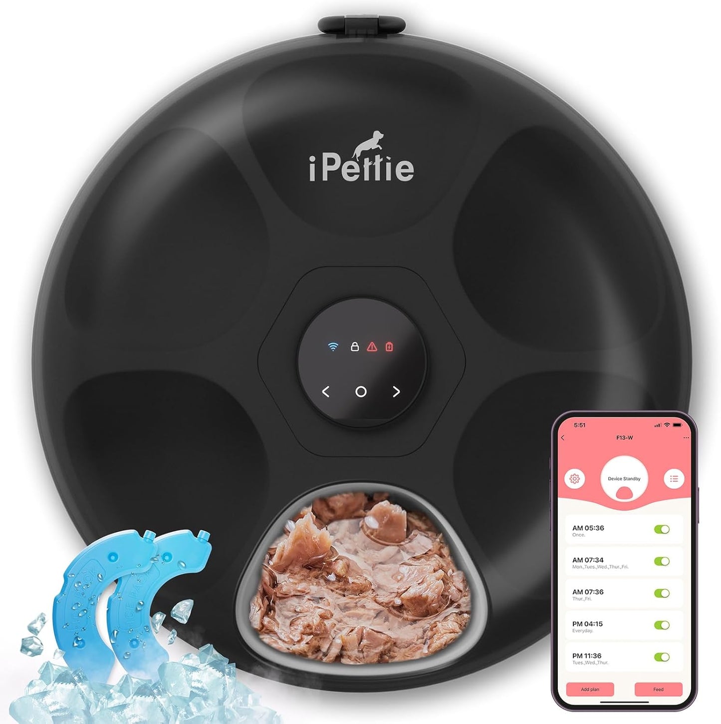 iPettie Donut Frost WiFi 6 Meal Automatic Cat Food Dispenser with App Control, Dry & Wet Food Automatic Cat Feeder, Smart Dog Feeder with Two Ice Packs, Programmable Timer, Holds 6 x ½ lb. of Food