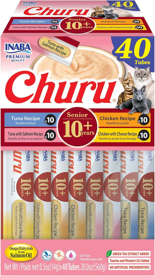 INABA Churu for Senior 10+, Creamy Lickable Cat Treats with Taurine, Vitamin E & C, 0.5 Ounces Each, 40 Tubes, Tuna & Chicken Variety