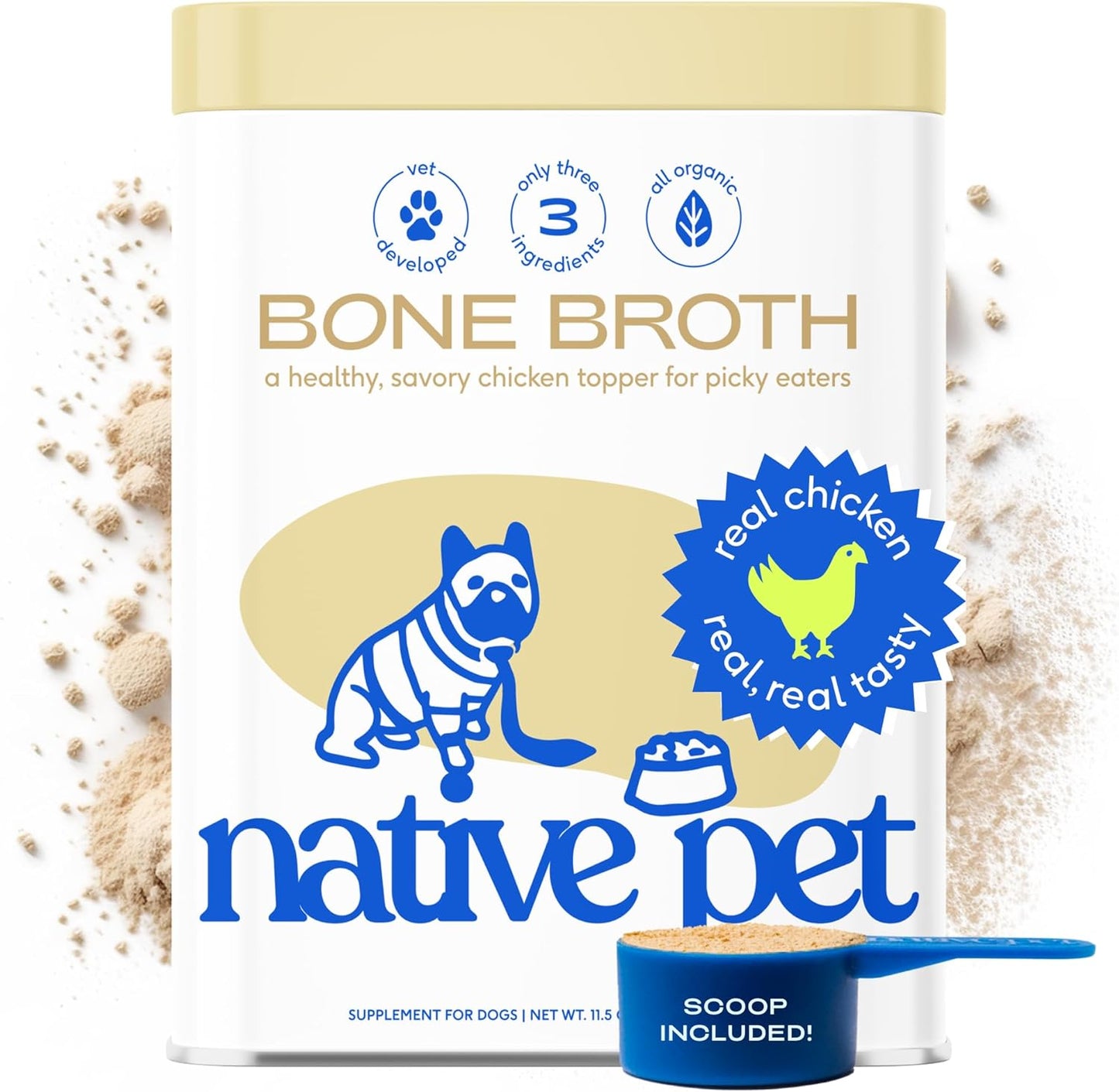 Native Pet Bone Broth for Dogs and Cats \u2013Dog Bone Broth Powder, a Dog Food Topper for Picky Eaters \u2013Cat Broth & Dog Broth - Dog Gravy Topper for Dry Food \u2013Chicken Broth for Dogs & Cats \u201311.5 oz