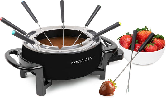 Nostalgia 12-Cup Electric Fondue Pot Set for Cheese & Chocolate-8 Color-Coded Forks, Temperature Control-Stainless Steel Kitchen Gadgets and Appliances for Hors d'Oeuvres and More-Black