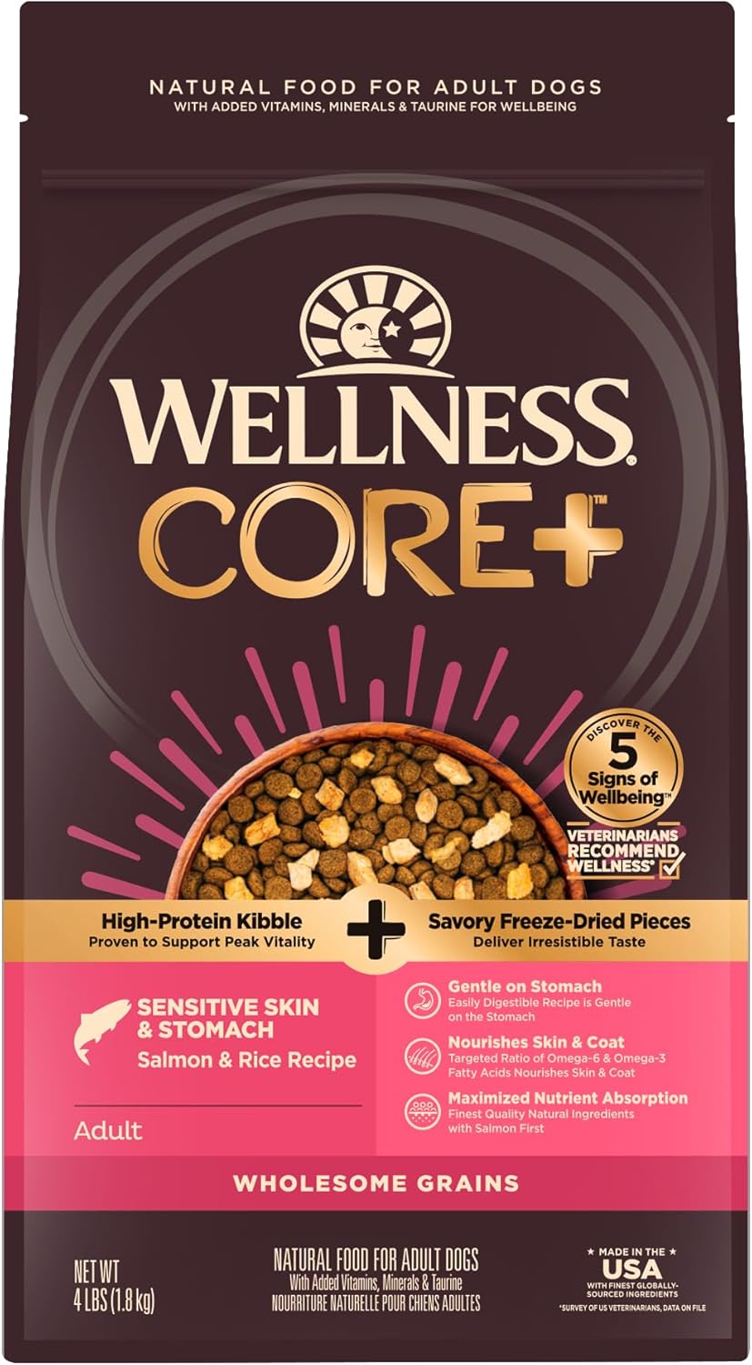 Wellness CORE+ Senstive Skin & Stomach Natural Adult Dry Dog Food, Salmon& Rice Recipe, 4 Pound Bag