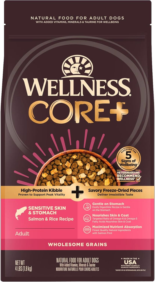 Wellness CORE+ Senstive Skin & Stomach Natural Adult Dry Dog Food, Salmon& Rice Recipe, 4 Pound Bag