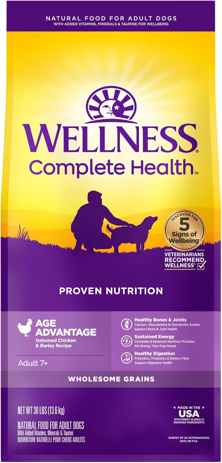 Wellness Complete Health Senior Dry Dog Food with Grains, Natural Ingredients, Made in USA with Real Meat, All Breeds (Chicken & Barley, 30-Pound Bag)