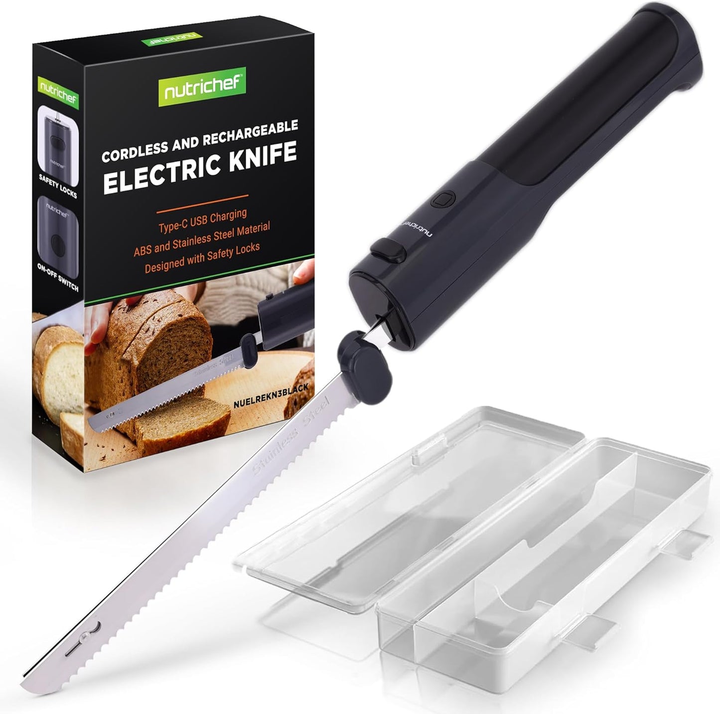 NutriChef Cordless Electric Knife | Easy to Use Constant ON\/OFF Safety Function | Lightweight Kitchen Knife | Carve Turkey, Meats, Poultry, Bread & Cheese | 11.42\u2019\u2019 Stainless Steel Blades | Black