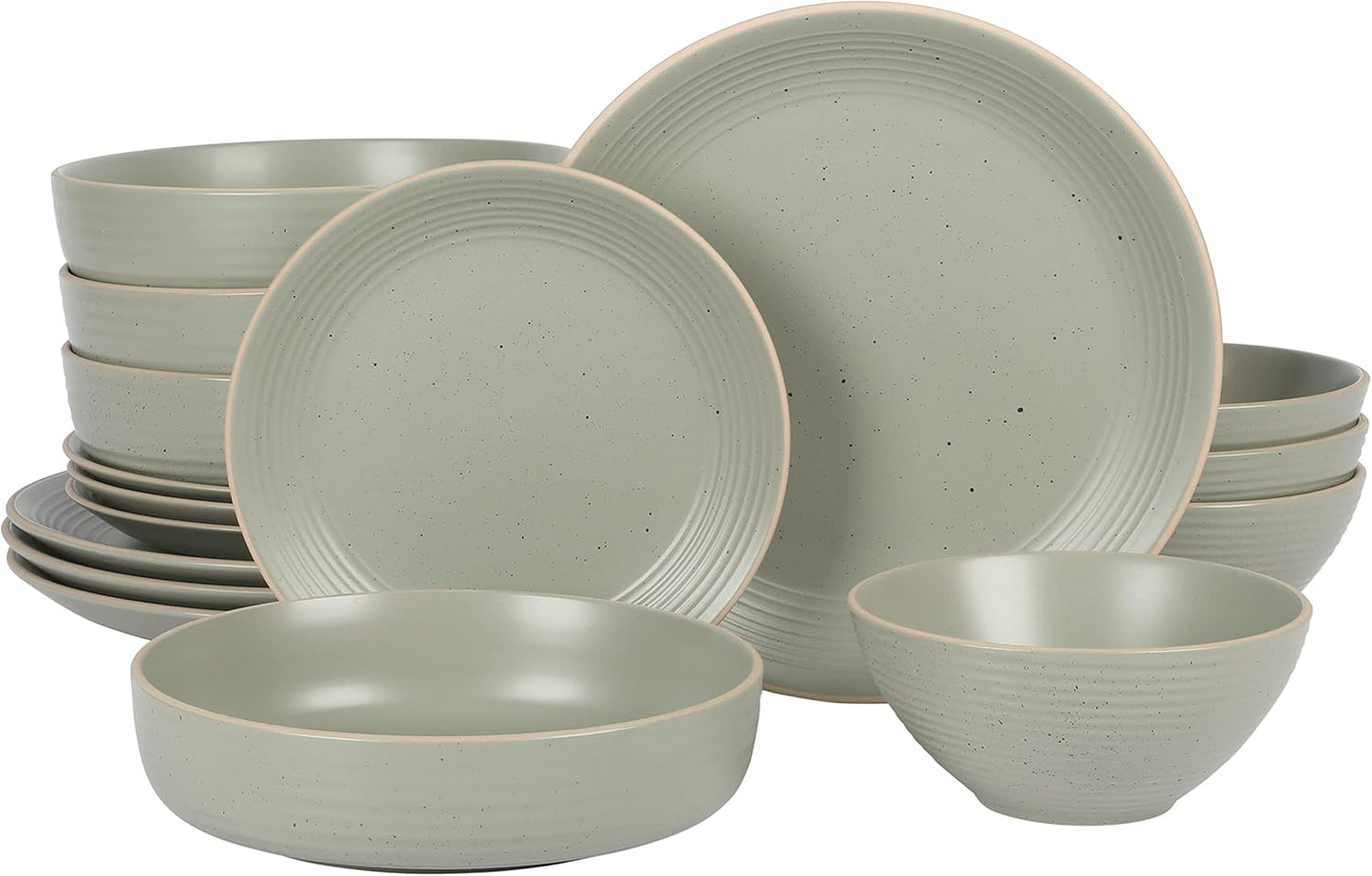 Gibson Home Dinah Double Bowl Stoneware Embossed Speckled Dinnerware Set - Sage Green, Service for Four (16pcs)