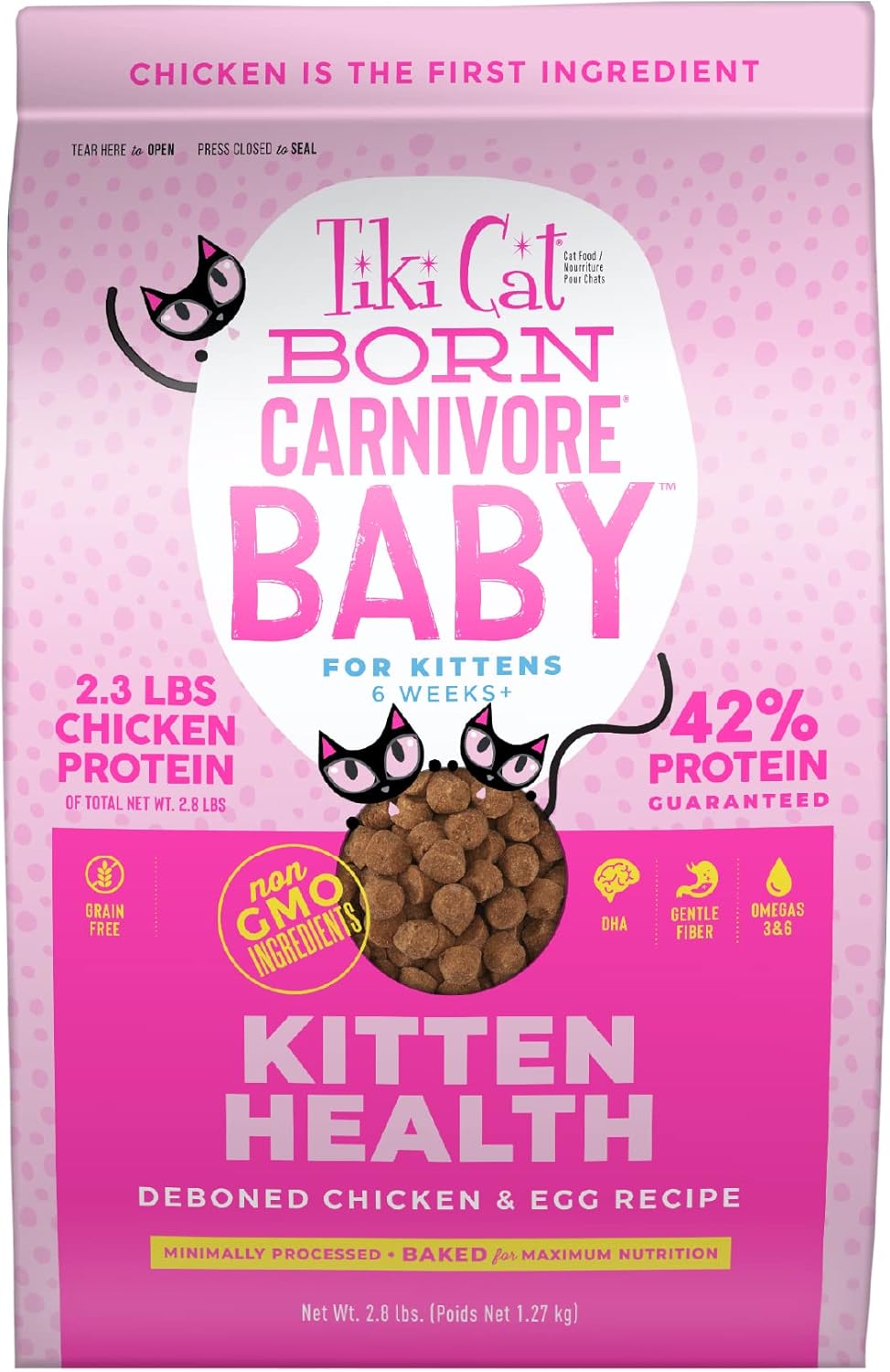 Tiki Cat Born Carnivore Baby, High-Protein and Grain-Free, Complete and Balanced Dry Cat Food for Kittens 6 Weeks+, 2.8 lbs. Bag