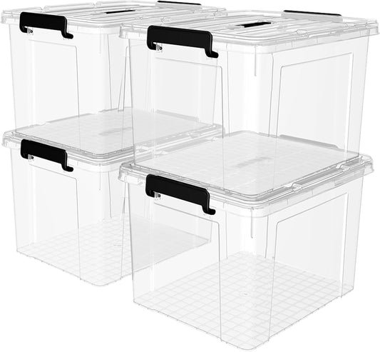 Cetomo 95Qt*4 Plastic Storage Bins, Lidded Tote Storage Box with Handle, Stackable, Clear, 95Quart, 4 Pack