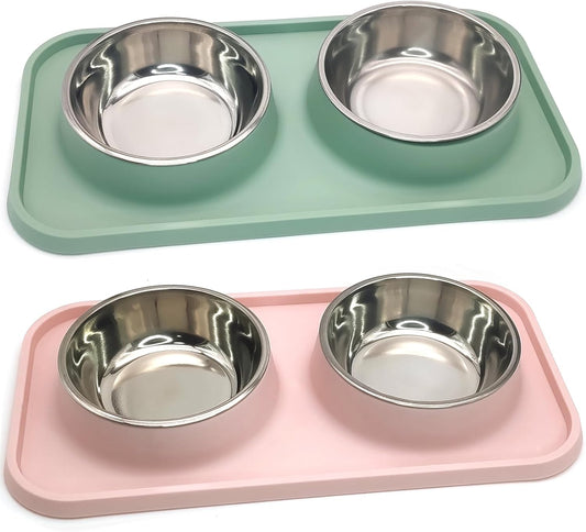 BNOSDM 2 Pcs Double Dog Food Bowls, Stainless Steel Small Dog Food and Water Bowls with Non-Spill Plastic Mat, Pet Cat Feeder Dish Set for Puppy Cats Kitten, Pink and Green